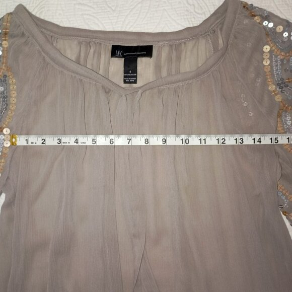 INC Womens Sequin-Embellished Blouse Size 4 Taupe  3/4 Sleeve Bohemia Boho - Picture 8 of 11